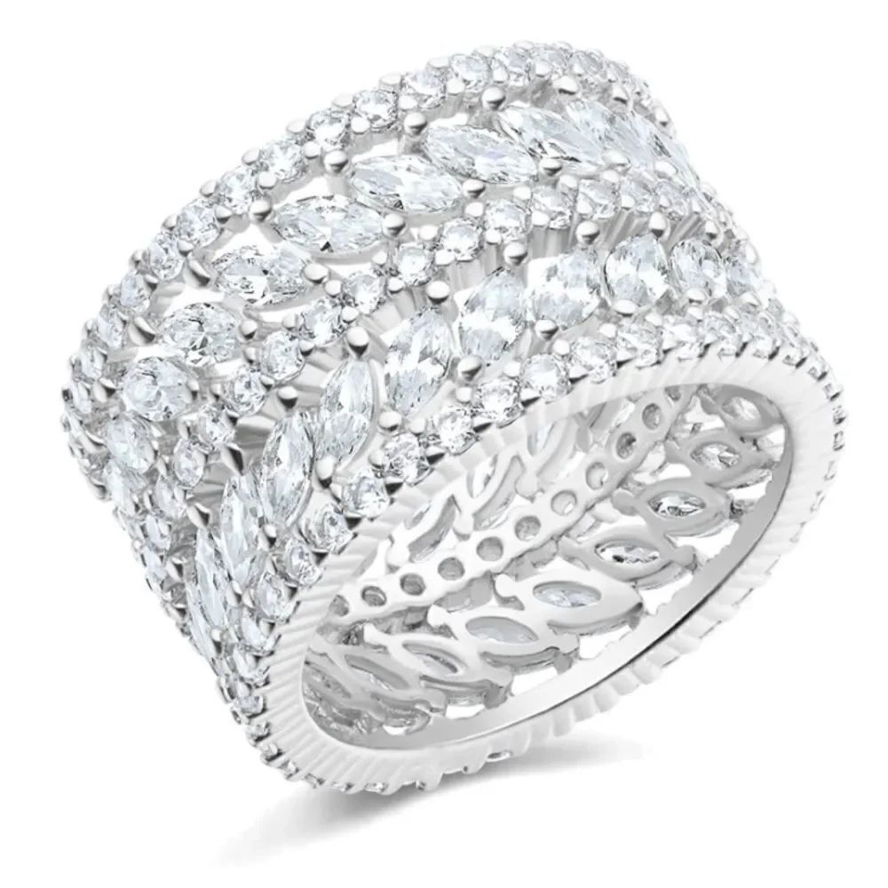 14K White Gold with White Diamond Cubic Zirconia Wide Band Statement Ring